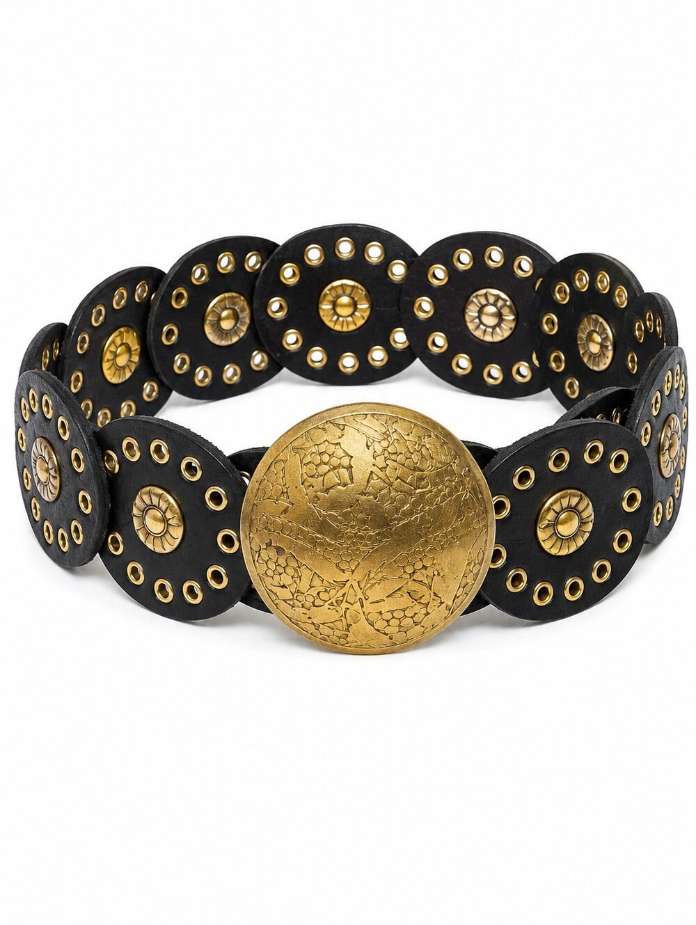 Free People Follow Your Arrow Leather Medallion Belt, Black, Gold Brass, L